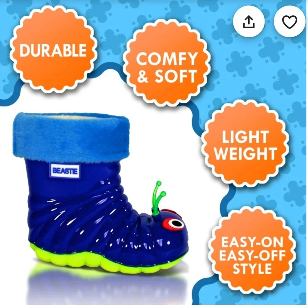 BEASTIE Little Kids Blue/Green Caterpillar Fleece Lined Rain/Snow Boots